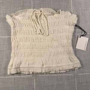 Statement Ruched Smocked  Beige with Gold Metallic Tube Top Size M